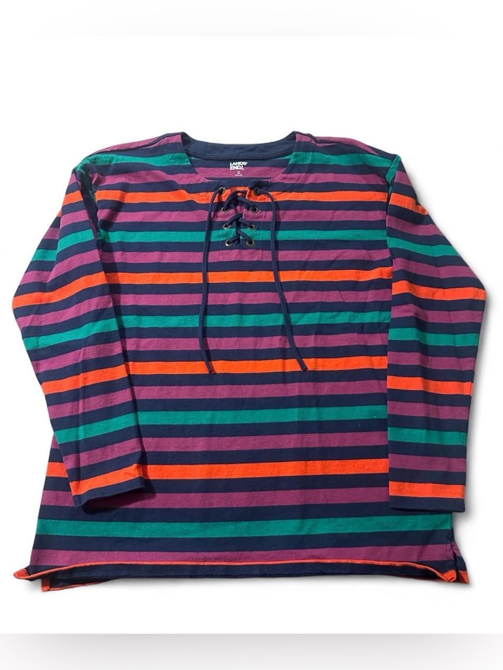 Lands' End Navy, Purple, Teal & Orange Striped Lace-Up Long Sleeve Top